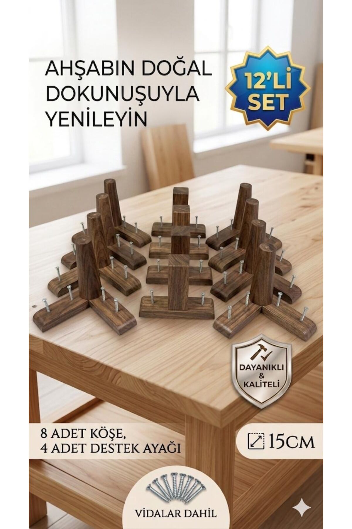 1. Sınıf Gürgen Ağacı Koyu Ceviz Mobilya Kanepe Koltuk Tv Ünitesi Mobilya Ayakları 12’li Set Köşe Ayak ve Destek Ayağı 15 cm Robot Süpürge Uyumlu