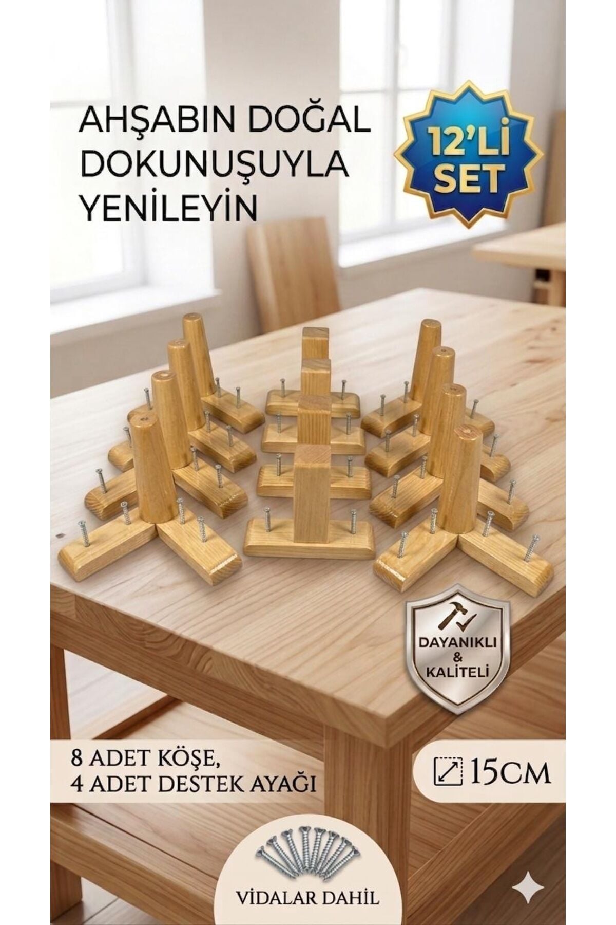 1. Sınıf Gürgen Ağacı 15 Cm Açık Ceviz Mobilya Kanepe Koltuk Tv Ünitesi Yükseltici Yükseltme Ayakları 12'li Set Köşe Ayak ve Destek Ayak Robot Süpürge Uyumlu