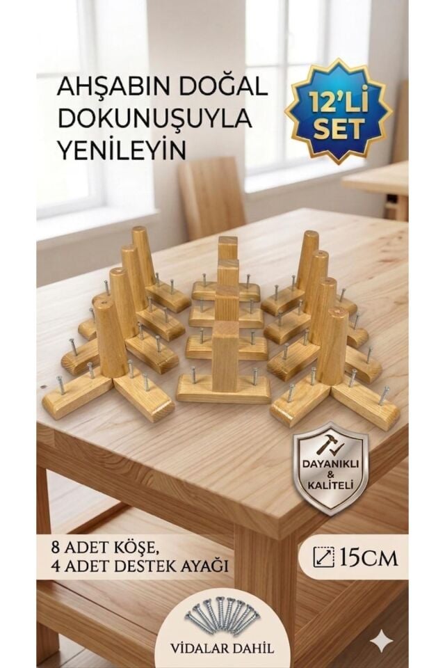 1. Sınıf Gürgen Ağacı 15 Cm Açık Ceviz Mobilya Kanepe Koltuk Tv Ünitesi Yükseltici Yükseltme Ayakları 12'li Set Köşe Ayak ve Destek Ayak Robot Süpürge Uyumlu