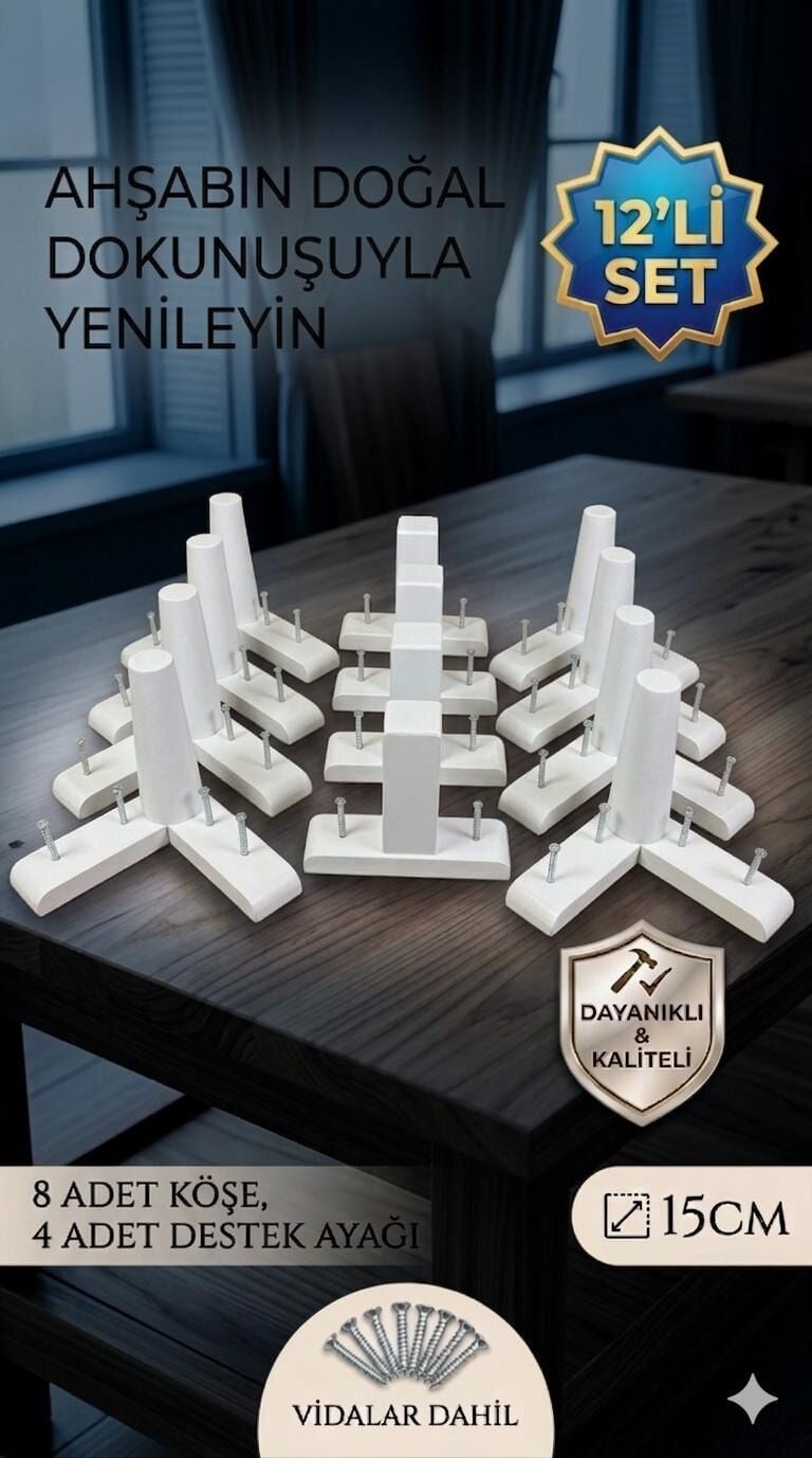 1. Sınıf Gürgen Ağacı 15 Cm Beyaz Mobilya Kanepe Koltuk Tv Ünitesi Yükseltici Yükseltme Ayakları 12'li Set Köşe Ayak ve Destek Ayak Robot Süpürge Uyumlu