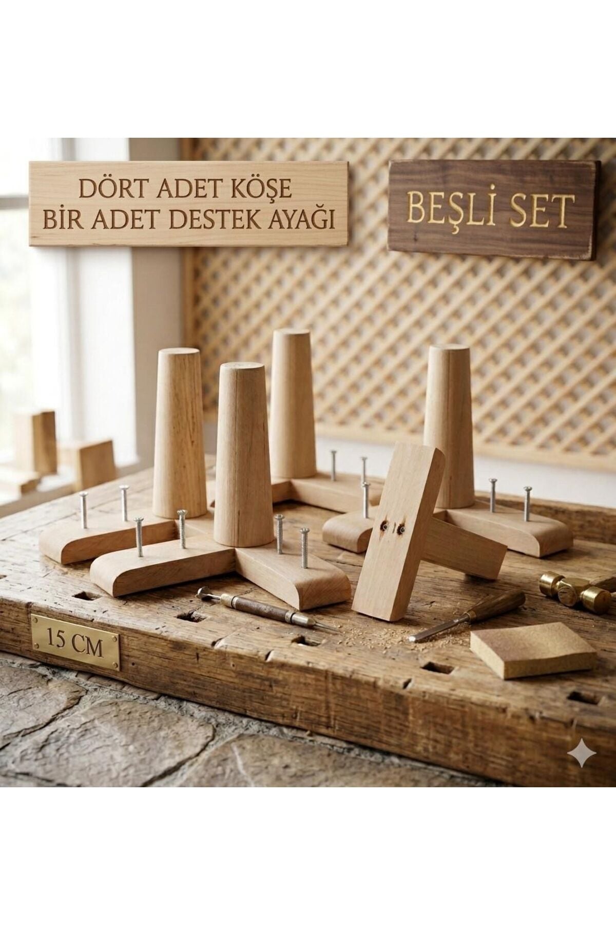 1. Sınıf Gürgen Ağacı Mobilya Kanepe Koltuk Tv Ünitesi Mobilya Ayakları 5’li Set Köşe Ayak ve Destek Ayağı 15 cm Robot Süpürge Uyumlu