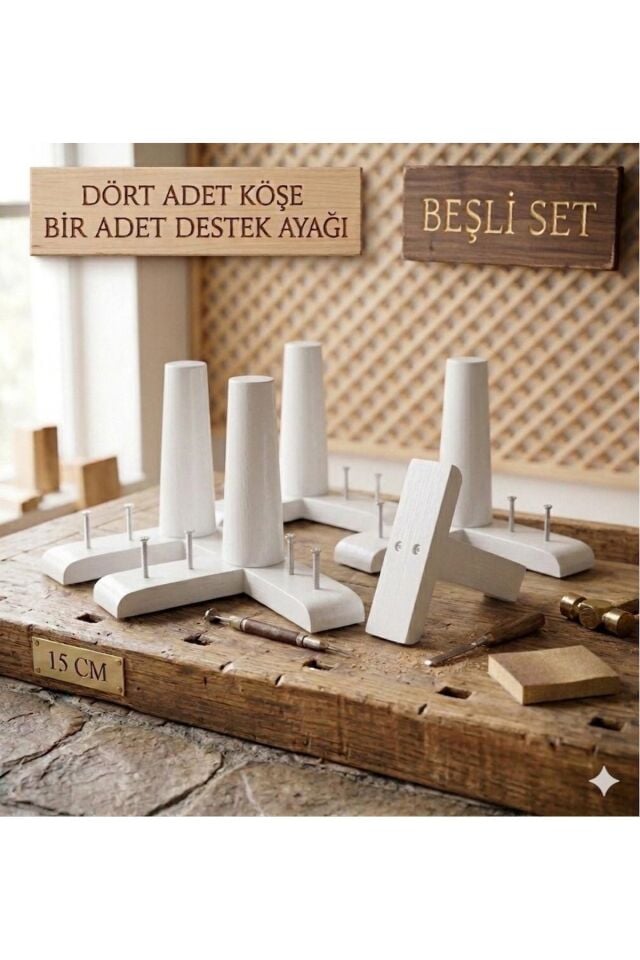1. Sınıf Gürgen Ağacı Beyaz Mobilya Kanepe Koltuk Tv Ünitesi Mobilya Ayakları 5’li Set Köşe Ayak ve Destek Ayağı 15 cm Robot Süpürge Uyumlu