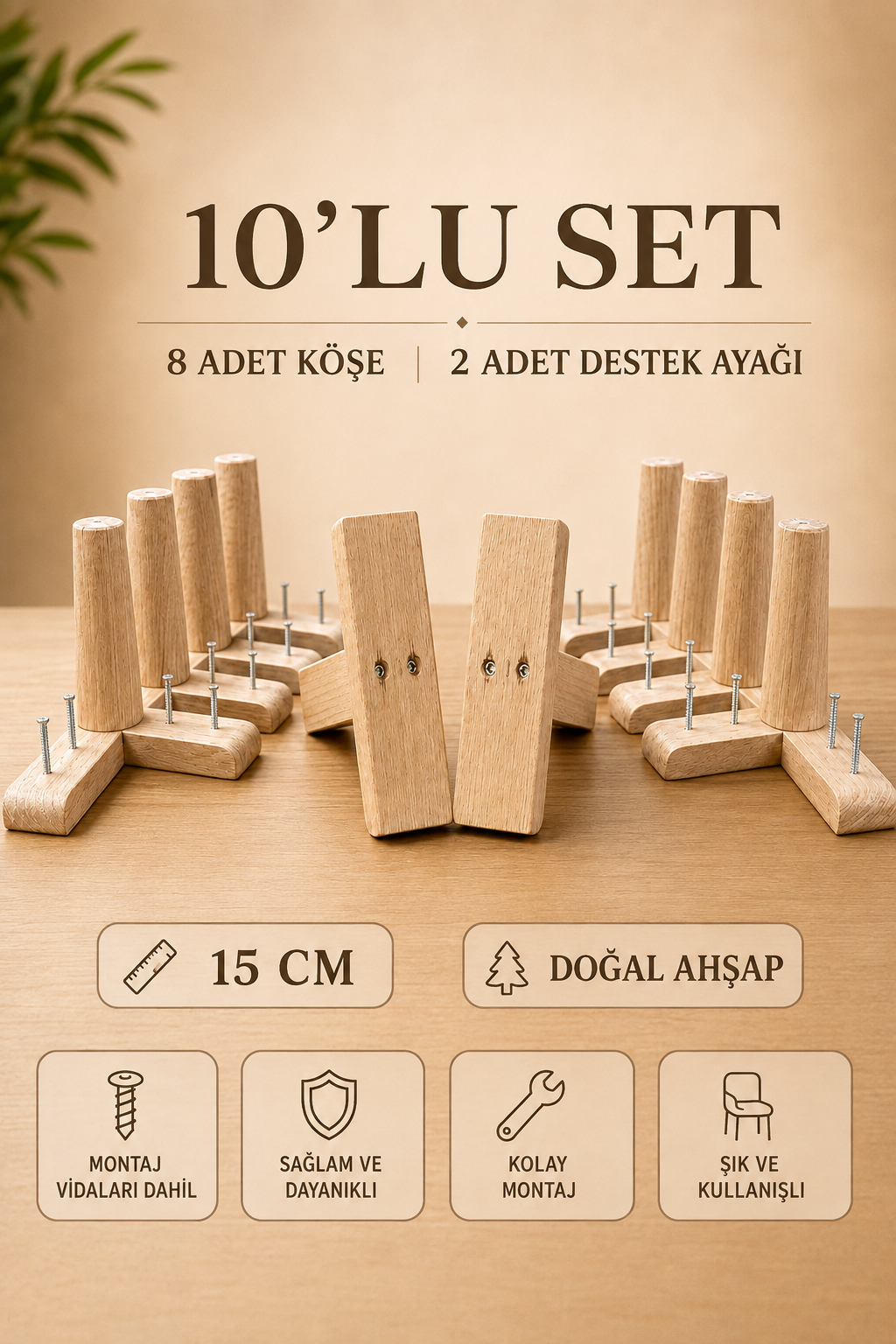 1. Sınıf Gürgen Ağacı Ham Mobilya Kanepe Koltuk Tv Ünitesi Mobilya Ayakları 10'lu Set Köşe Ayak ve Destek Ayağı 15 cm Robot Süpürge Uyumlu