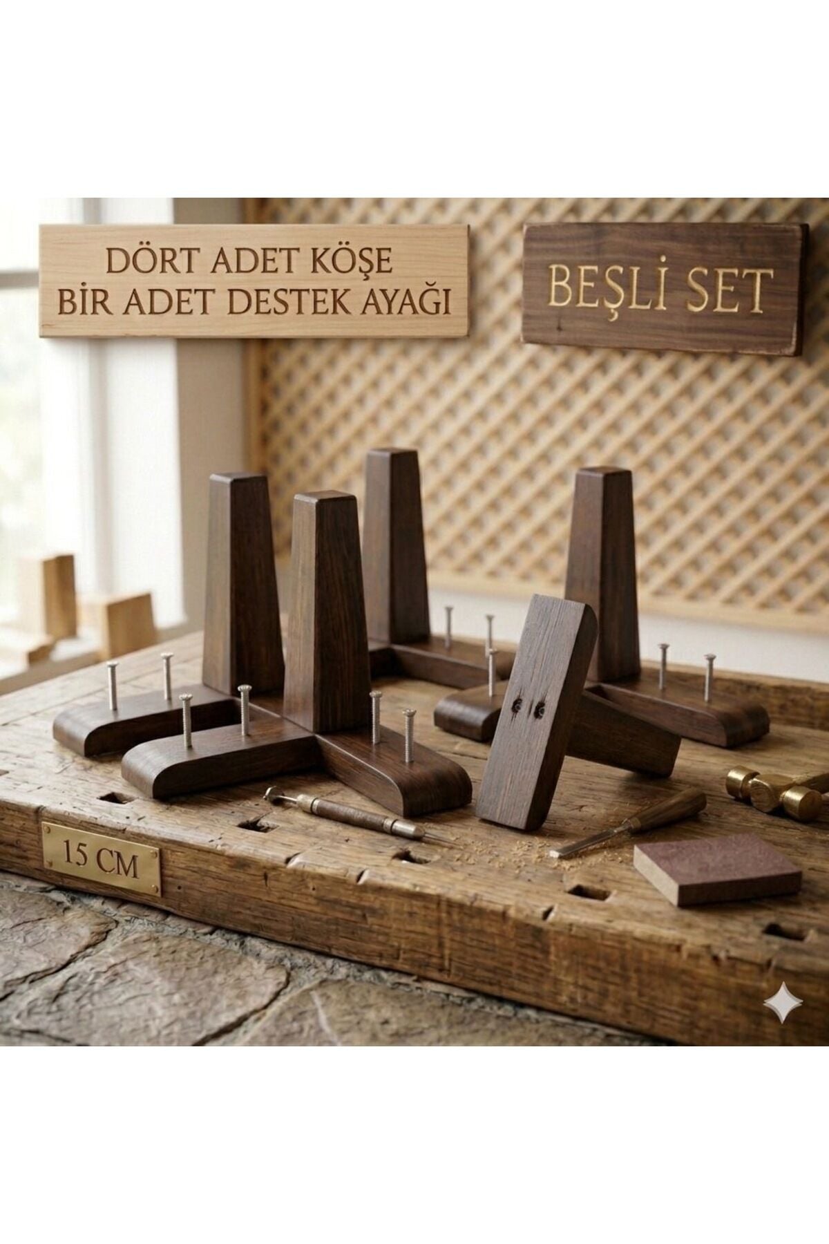 1. Sınıf Gürgen Ağacı Koyu Ceviz Küt Mobilya Kanepe Koltuk Tv Ünitesi Mobilya Ayakları 5’li Set Köşe Ayak ve Destek Ayağı 15 cm Robot Süpürge Uyumlu