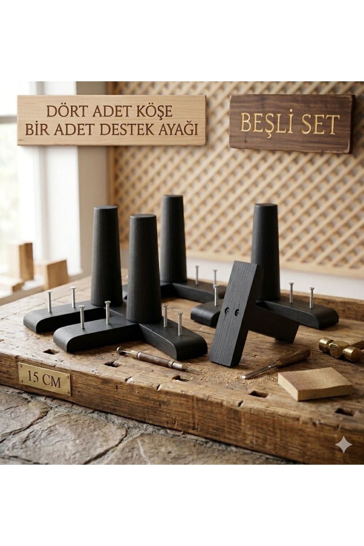1. Sınıf Gürgen Ağacı Siyah Mobilya Kanepe Koltuk Tv Ünitesi Mobilya Ayakları 5’li Set Köşe Ayak ve Destek Ayağı 15 cm Robot Süpürge Uyumlu