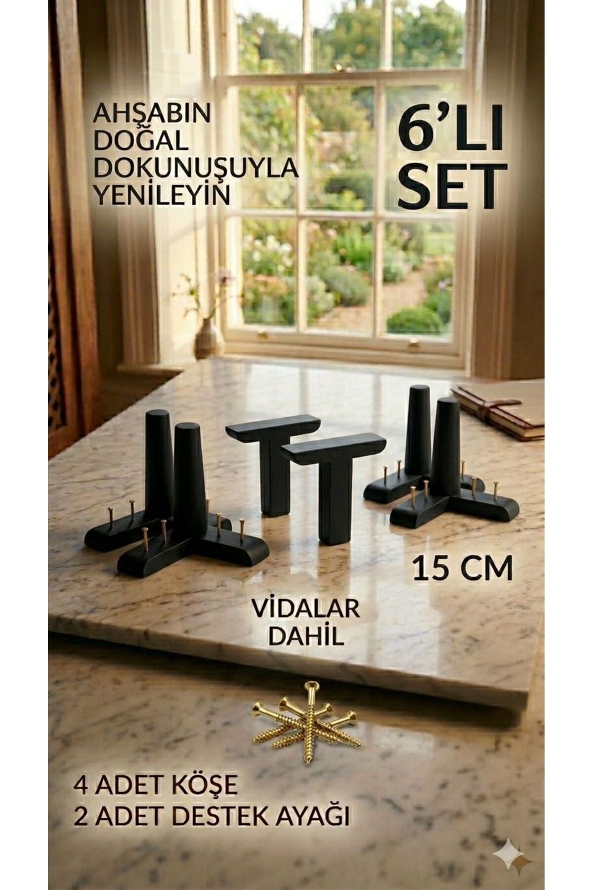 1. Sınıf Gürgen Ağacı Siyah Mobilya Kanepe Koltuk Tv Ünitesi Mobilya Ayakları 6'lı Set Köşe Ayak ve Destek Ayağı 15 cm Robot Süpürge Uyumlu