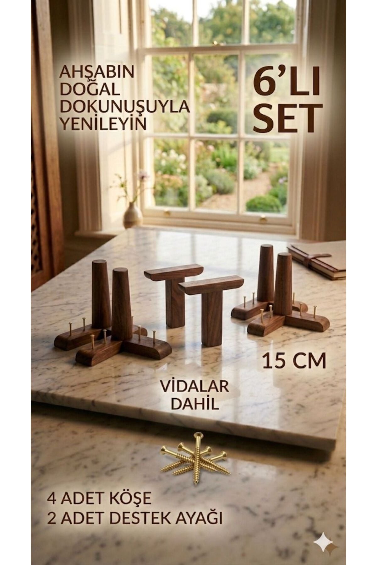 1. Sınıf Gürgen Ağacı Koyu Ceviz Mobilya Kanepe Koltuk Tv Ünitesi Mobilya Ayakları 6'lı Set Köşe Ayak ve Destek Ayağı 15 cm Robot Süpürge Uyumlu
