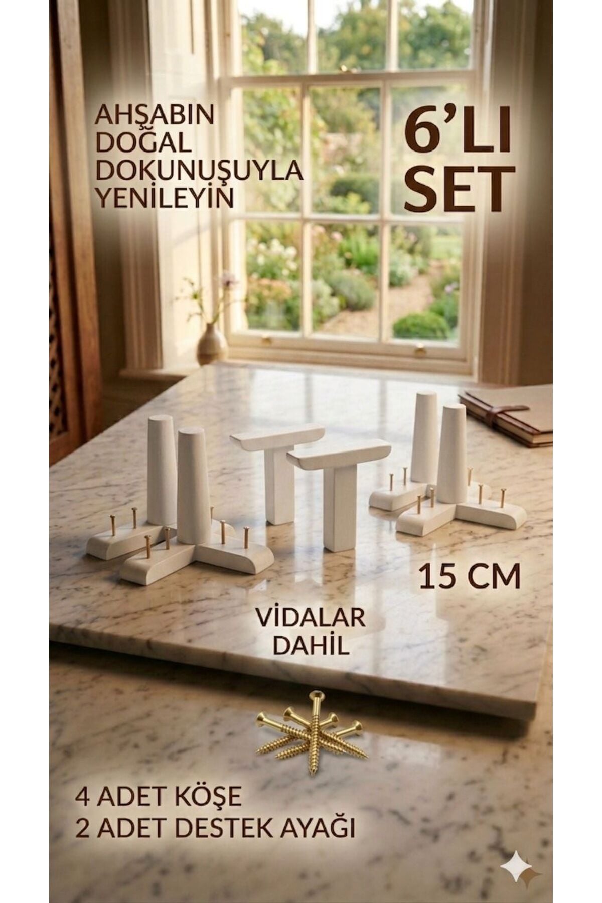 1. Sınıf Gürgen Ağacı Beyaz Mobilya Kanepe Koltuk Tv Ünitesi Mobilya Ayakları 6'lı Set Köşe Ayak ve Destek Ayağı 15 cm Robot Süpürge Uyumlu