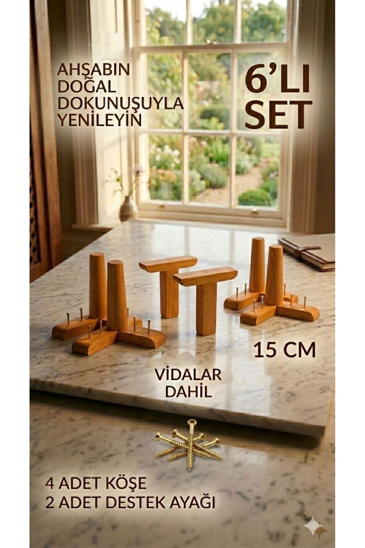 1. Sınıf Gürgen Ağacı Açık Ceviz Mobilya Kanepe Koltuk Tv Ünitesi Mobilya Ayakları 6'lı Set Köşe Ayak ve Destek Ayağı 15 cm Robot Süpürge Uyumlu