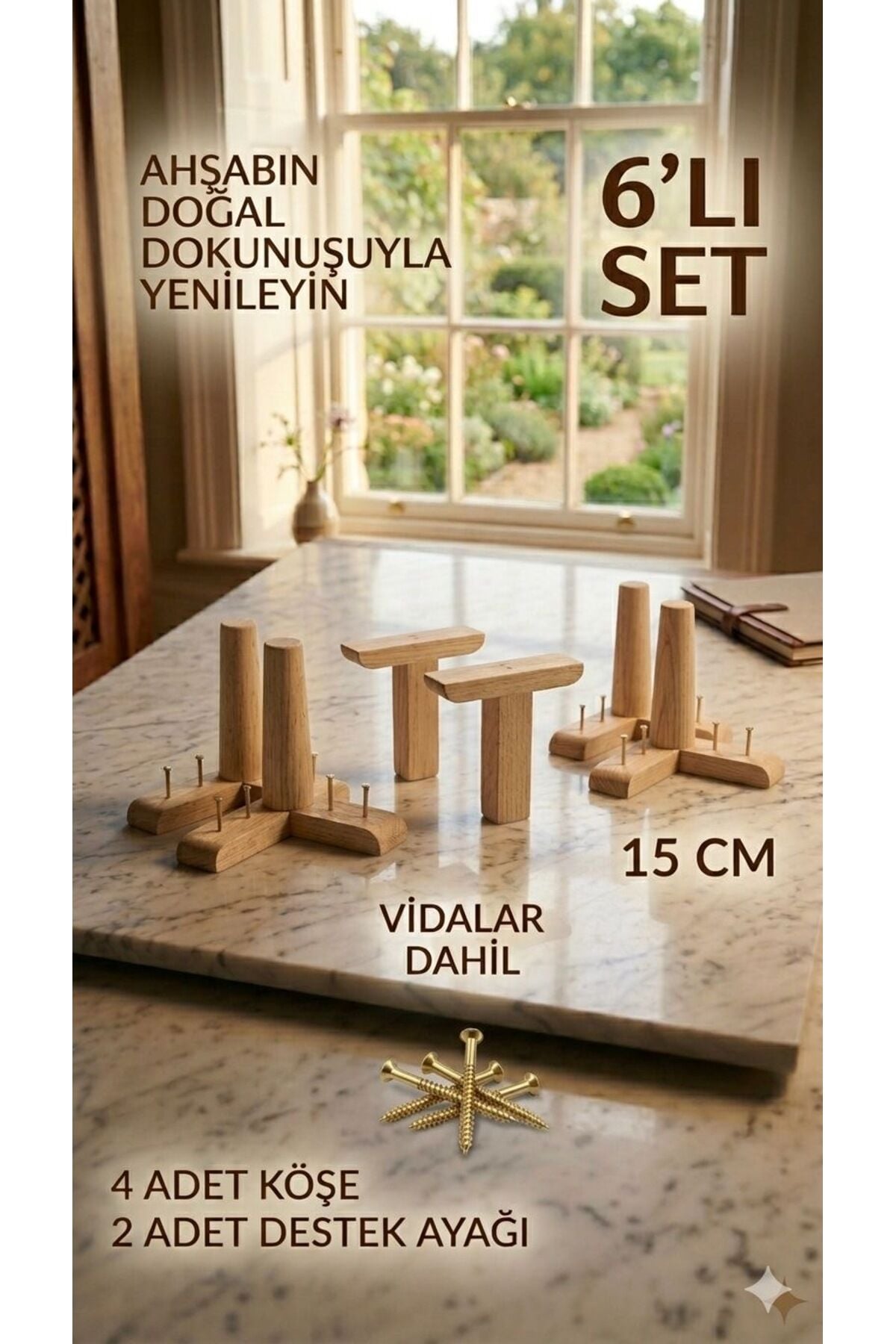 1. Sınıf Gürgen Ağacı Ham Mobilya Kanepe Koltuk Tv Ünitesi Mobilya Ayakları 6'lı Set Köşe Ayak ve Destek Ayağı 15 cm Robot Süpürge Uyumlu