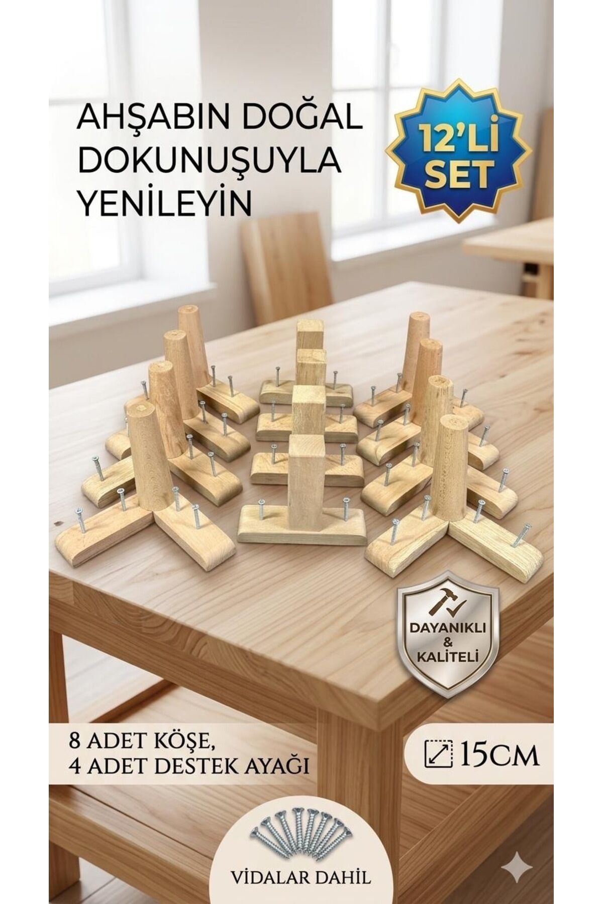 1. Sınıf Gürgen Ağacı Ham Mobilya Kanepe Koltuk Tv Ünitesi Mobilya Ayakları 12’li Set Köşe Ayak ve Destek Ayağı 15 cm Robot Süpürge Uyumlu