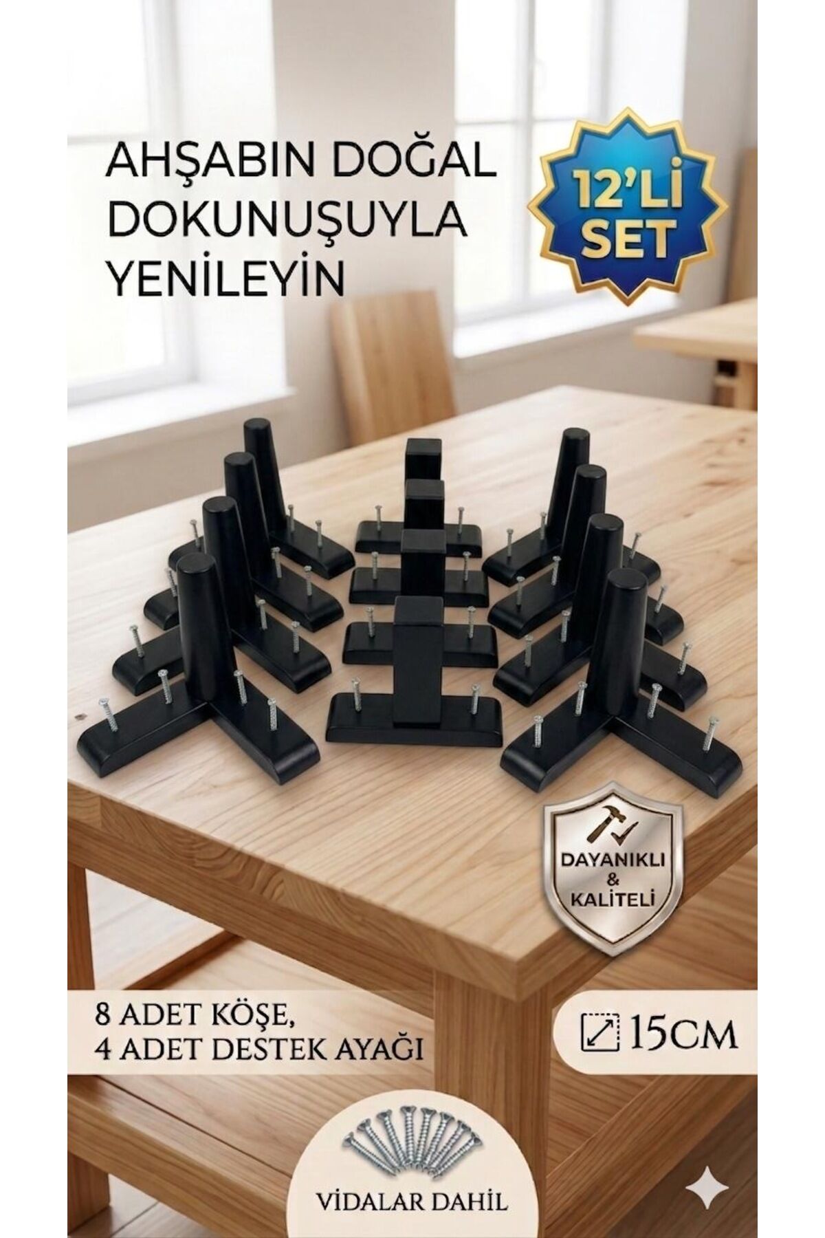 1. Sınıf Gürgen Ağacı Siyah Mobilya Kanepe Koltuk Tv Ünitesi Mobilya Ayakları 12’li Set Köşe Ayak ve Destek Ayağı 15 cm Robot Süpürge Uyumlu