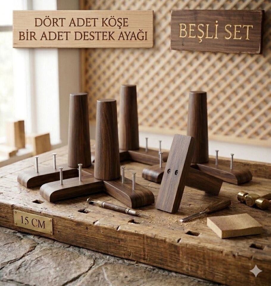 15 cm Mobilya Ayağı 1. Sınıf Gürgen Ağacı Koyu Ceviz Kanepe Koltuk Tv Ünitesi Mobilya Ayakları 5’li Set Köşe Ayak ve Destek Ayağı 15 cm Robot Süpürge Uyumlu