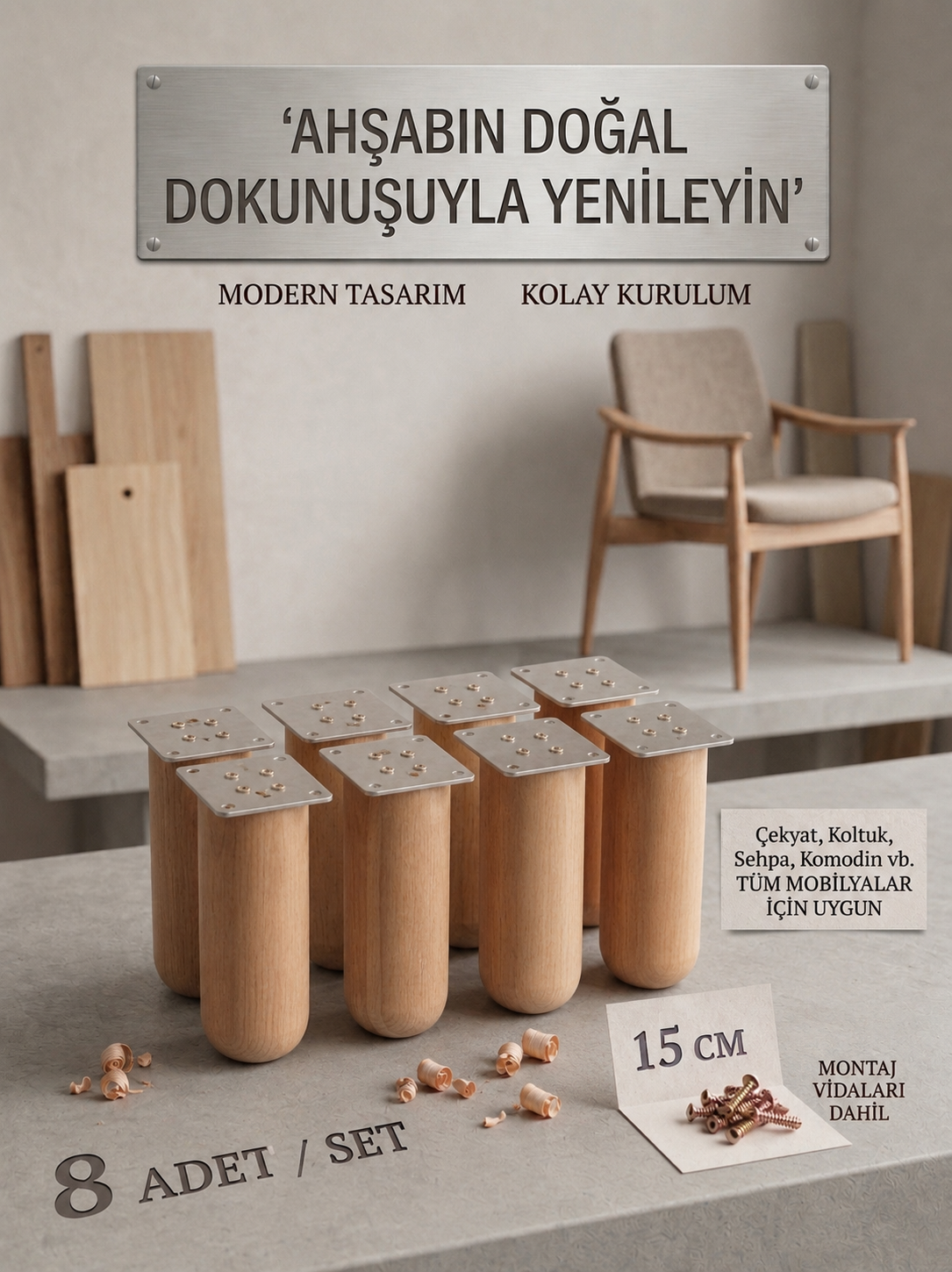15 Cm Bohem Ham Ahşap Mobilya Ayağı Gürgen Ağacı Ahşap Mobilya Ayağı 8'li Set