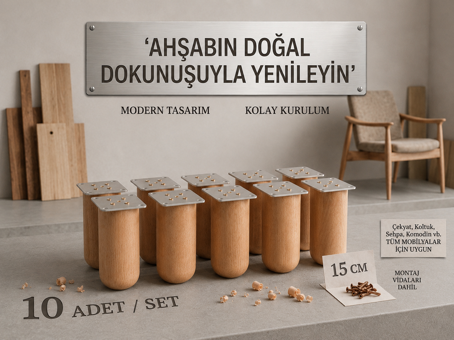 15 Cm Bohem Ham Ahşap Mobilya Ayağı Gürgen Ağacı Ahşap Mobilya Ayağı 10'lu Set