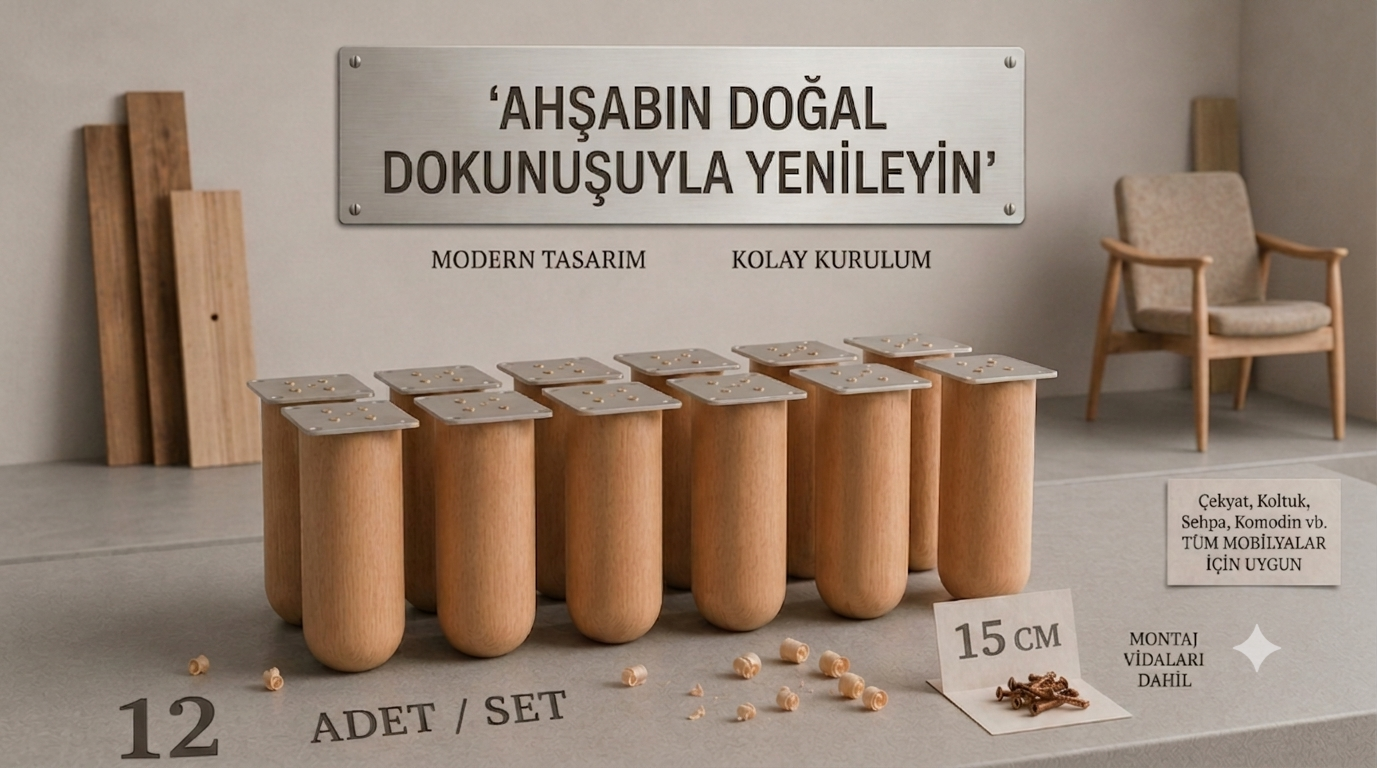 15 Cm Bohem Ham Ahşap Mobilya Ayağı Gürgen Ağacı Ahşap Mobilya Ayağı 12'li Set