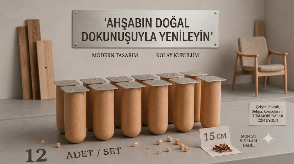 15 Cm Bohem Ham Ahşap Mobilya Ayağı Gürgen Ağacı Ahşap Mobilya Ayağı 12'li Set