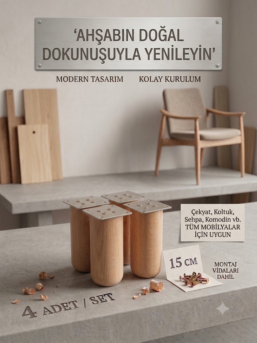 15 Cm Bohem Ham Ahşap Mobilya Ayağı Gürgen Ağacı Ahşap Mobilya Ayağı 4'lü Set