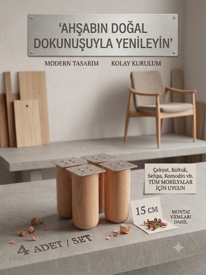 15 Cm Bohem Ham Ahşap Mobilya Ayağı Gürgen Ağacı Ahşap Mobilya Ayağı 4'lü Set