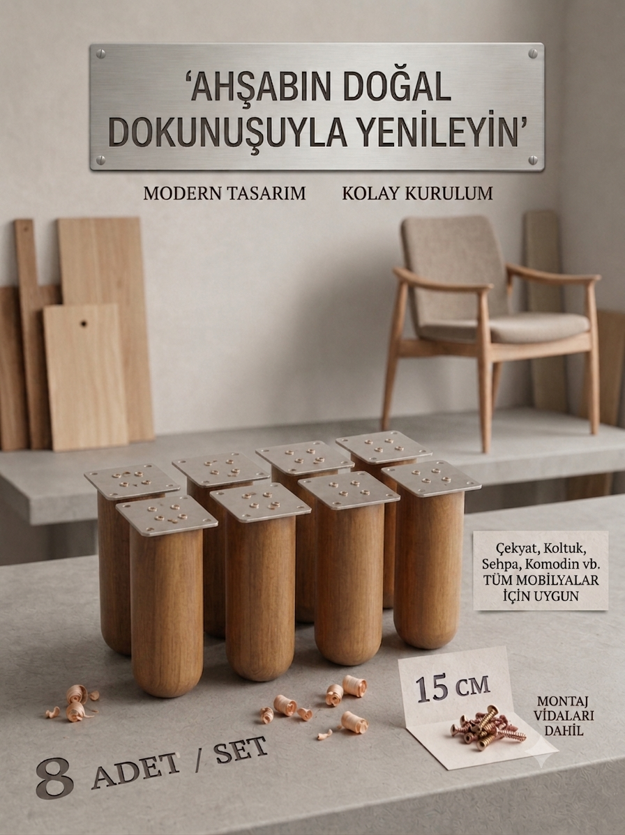 15 Cm Bohem Açık Ceviz Ahşap Mobilya Ayağı Gürgen Ağacı Ahşap Mobilya Ayağı 8'li Set