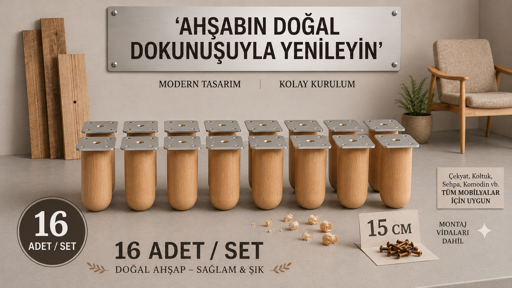 15 Cm Bohem Ham Ahşap Mobilya Ayağı Gürgen Ağacı Ahşap Mobilya Ayağı 16'lı Set