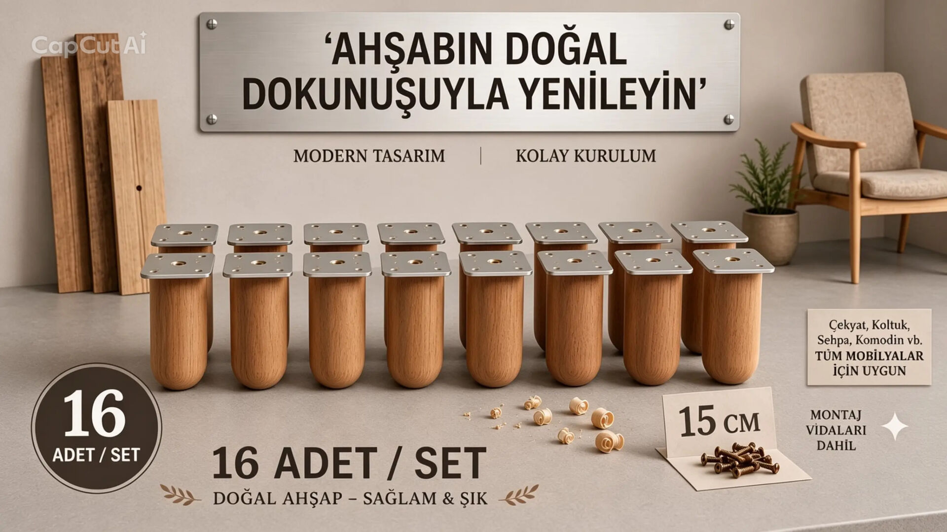 15 Cm Bohem Açık Ceviz Ahşap Mobilya Ayağı Gürgen Ağacı Ahşap Mobilya Ayağı 16'lı Set