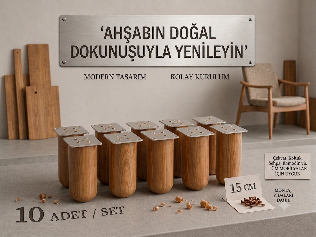 15 Cm Bohem Açık Ceviz Ahşap Mobilya Ayağı Gürgen Ağacı Ahşap Mobilya Ayağı 10'lu Set