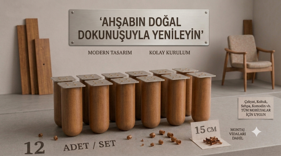 15 Cm Bohem Açık Ceviz Ahşap Mobilya Ayağı Gürgen Ağacı Ahşap Mobilya Ayağı 12'li Set