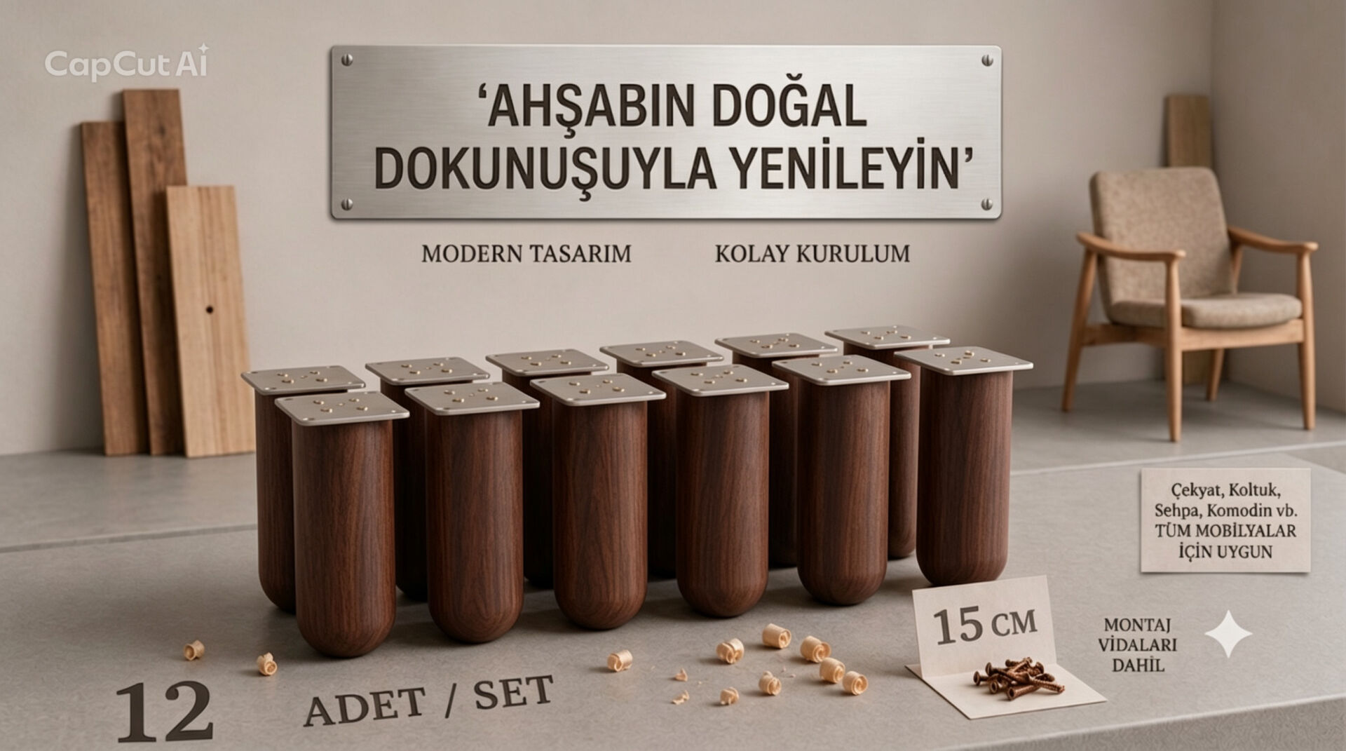 15 Cm Bohem Koyu Ceviz Ahşap Mobilya Ayağı Gürgen Ağacı Ahşap Mobilya Ayağı 12'li Set