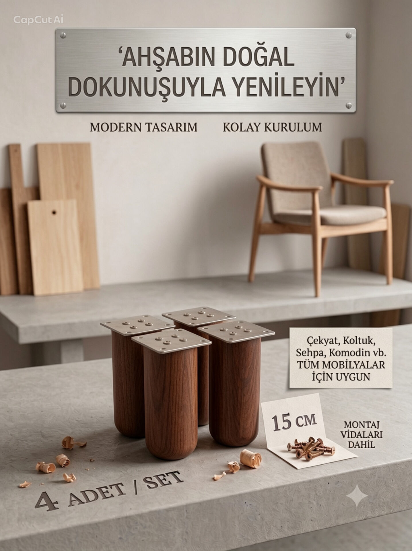 15 Cm Bohem Koyu Ceviz Ahşap Mobilya Ayağı Gürgen Ağacı Ahşap Mobilya Ayağı 4'lü Set