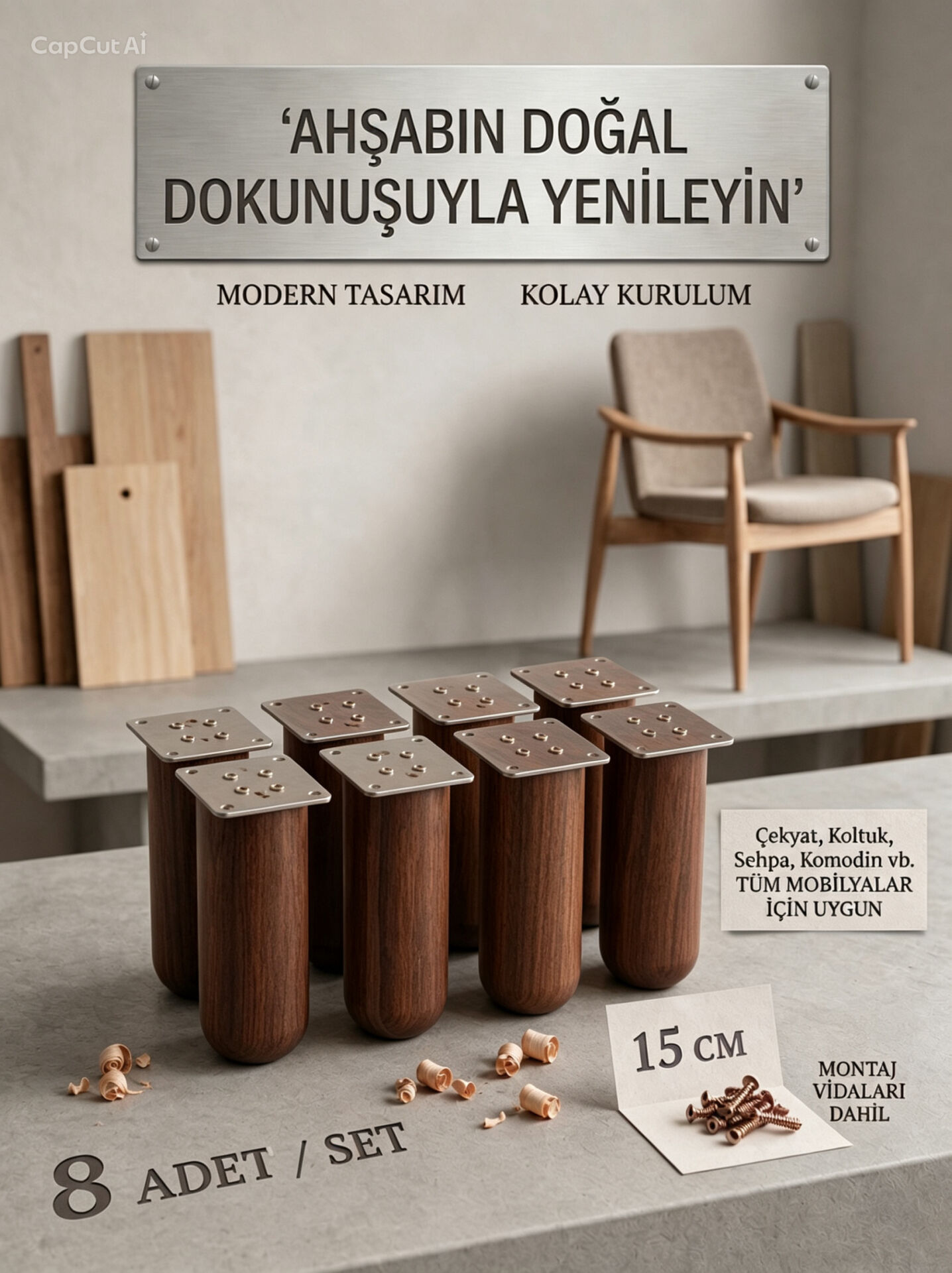 15 Cm Bohem Koyu Ceviz Ahşap Mobilya Ayağı Gürgen Ağacı Ahşap Mobilya Ayağı 8'li Set