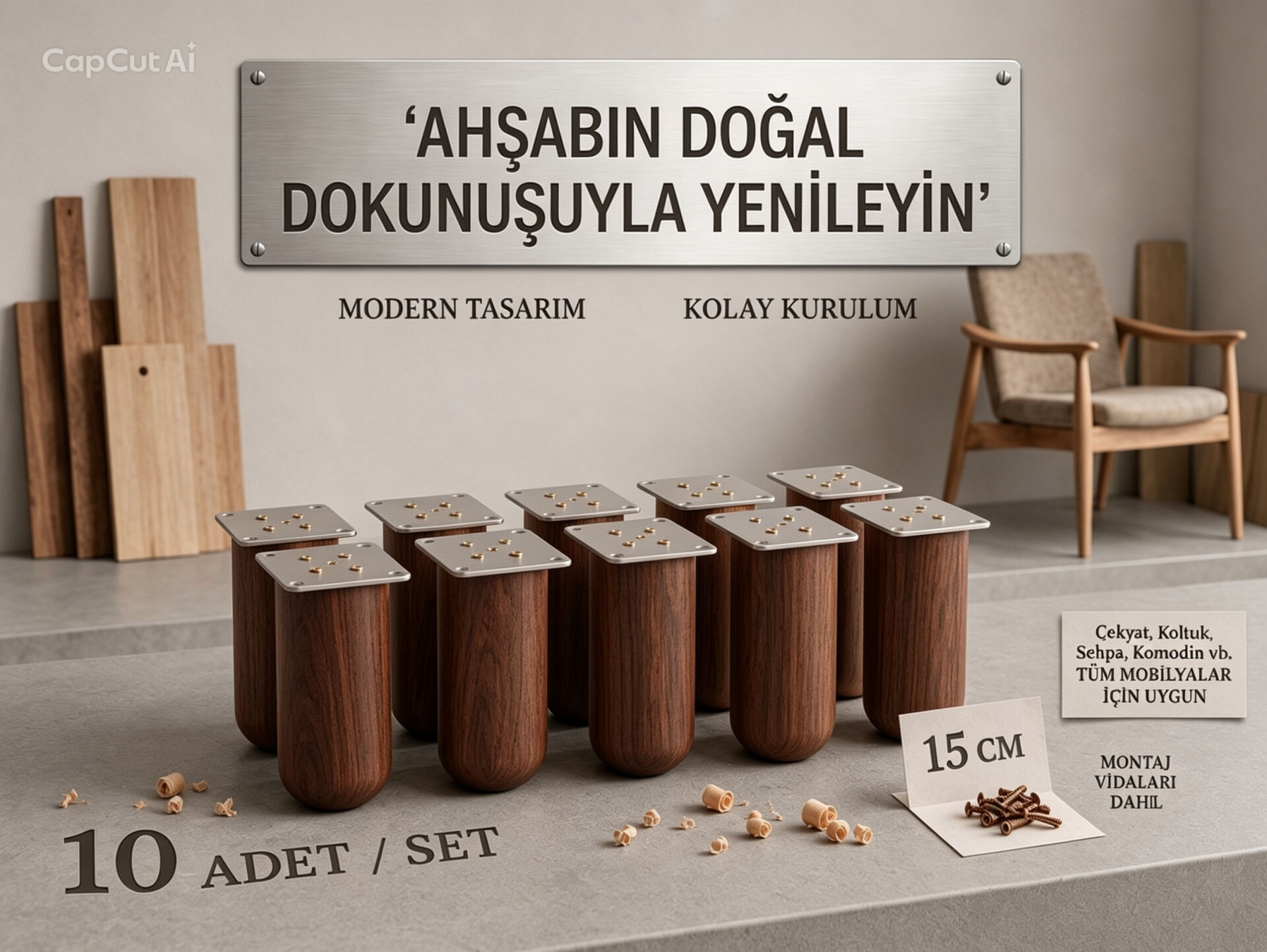 15 Cm Bohem Koyu Ceviz Ahşap Mobilya Ayağı Gürgen Ağacı Ahşap Mobilya Ayağı 10'lu Set