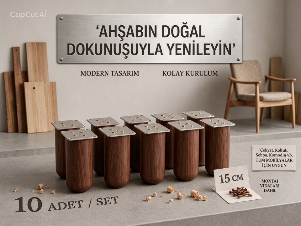 15 Cm Bohem Koyu Ceviz Ahşap Mobilya Ayağı Gürgen Ağacı Ahşap Mobilya Ayağı 10'lu Set