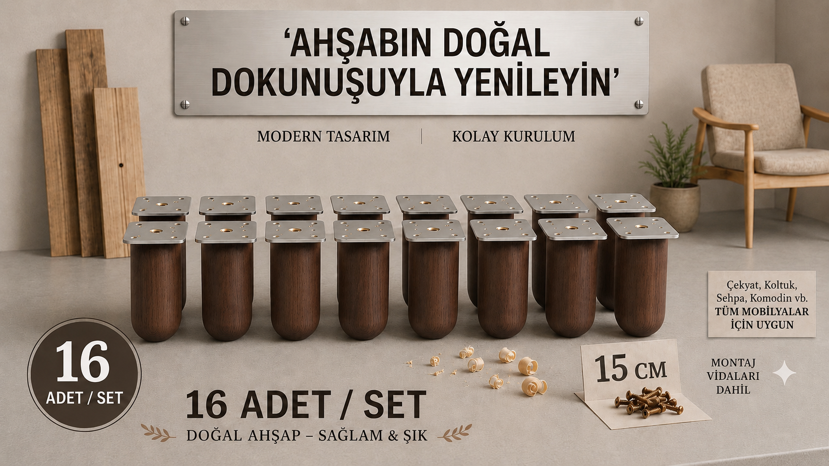 15 Cm Bohem Koyu Ceviz Ahşap Mobilya Ayağı Gürgen Ağacı Ahşap Mobilya Ayağı 16'lI Set