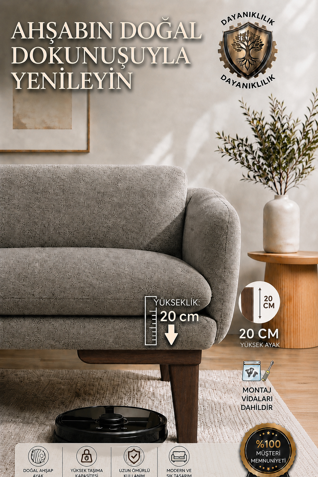 20 cm Küt Ahşap Mobilya Ayağı Koyu Ceviz | Gürgen Koltuk Kanepe Berjer Baza TV Ünitesi Uyumlu