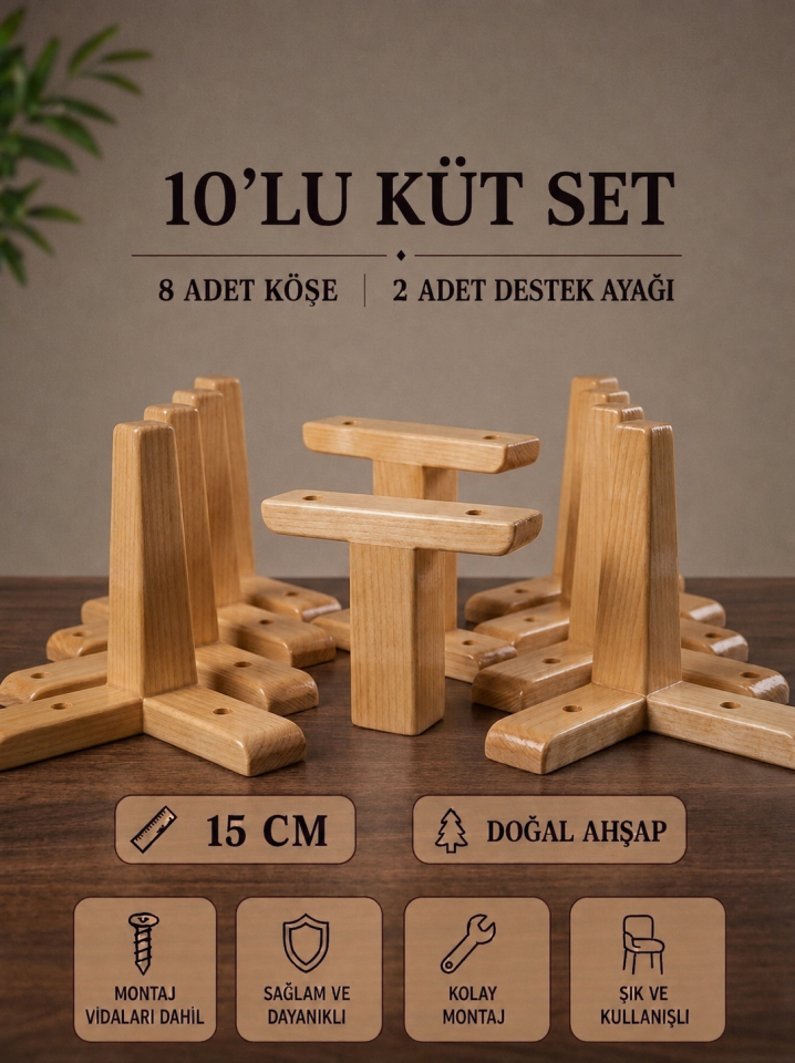 15 Cm Küt Ahşap Açık Ceviz 10'lu Set Mobilya Ayakları Köşe Ayak ve Destek Ayağı Robot Süpürge Uyumlu