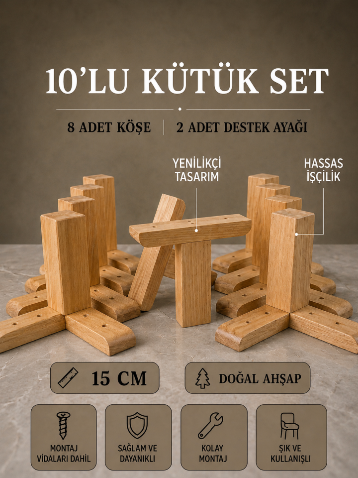 15 Cm Açık Ceviz Kütük Ahşap Mobilya Ayakları 10'lu Set Köşe ve Destek Ayağı Robot Süpürge Uyumlu