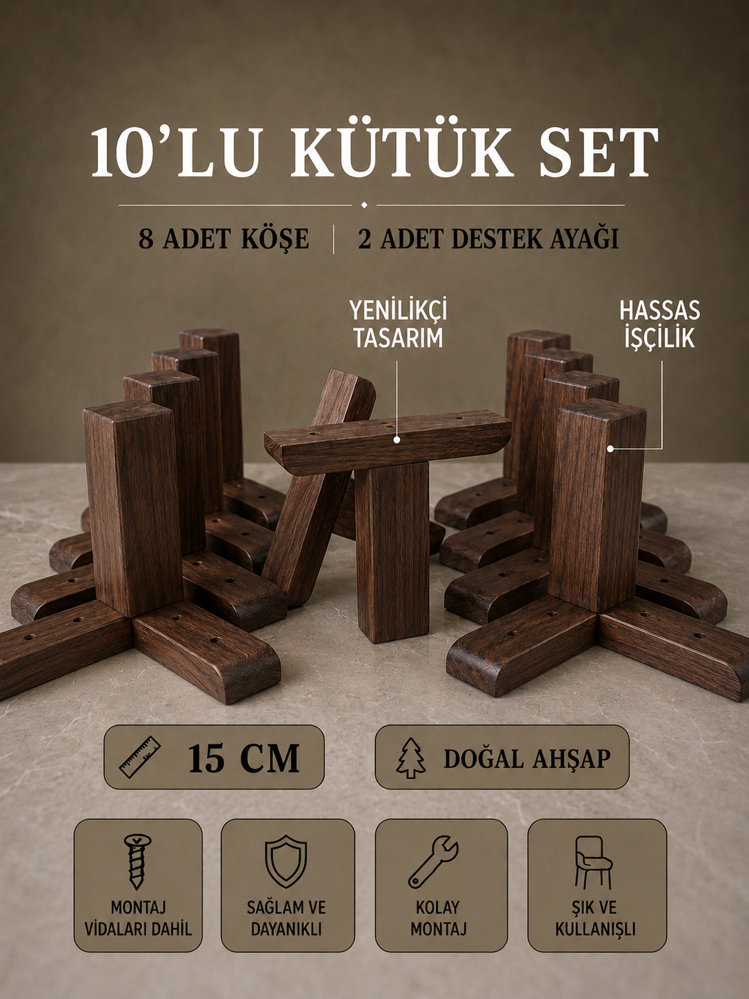 15 Cm Koyu Ceviz Kütük Ahşap Mobilya Ayakları 10'lu Set Köşe ve Destek Ayağı Robot Süpürge Uyumlu