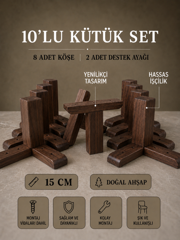 15 Cm Koyu Ceviz Kütük Ahşap Mobilya Ayakları 10'lu Set Köşe ve Destek Ayağı Robot Süpürge Uyumlu