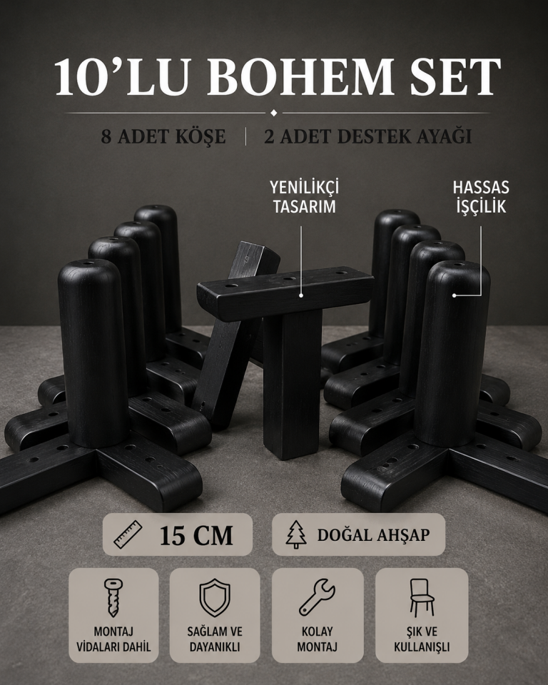 15 Cm Siyah Bohem Ahşap Mobilya Ayakları 10'lu Set Köşe Ayak ve Destek Ayağı Robot Süpürge Uyumlu