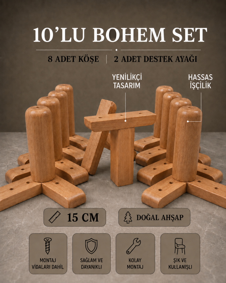 15 Cm Açık Ceviz Bohem Ahşap Mobilya Ayakları 10'lu Set Köşe ve Destek Ayağı Robot Süpürge Uyumlu
