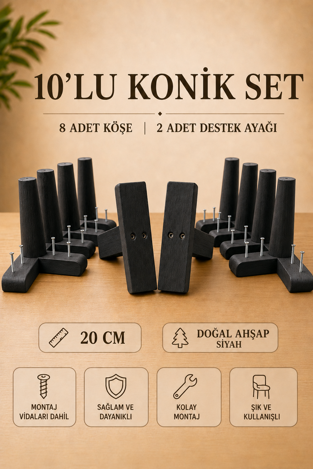 20 Cm Siyah Konik Ahşap Mobilya Ayakları 10'lu Set Köşe Ayak ve Destek Ayağı Robot Süpürge Uyumlu