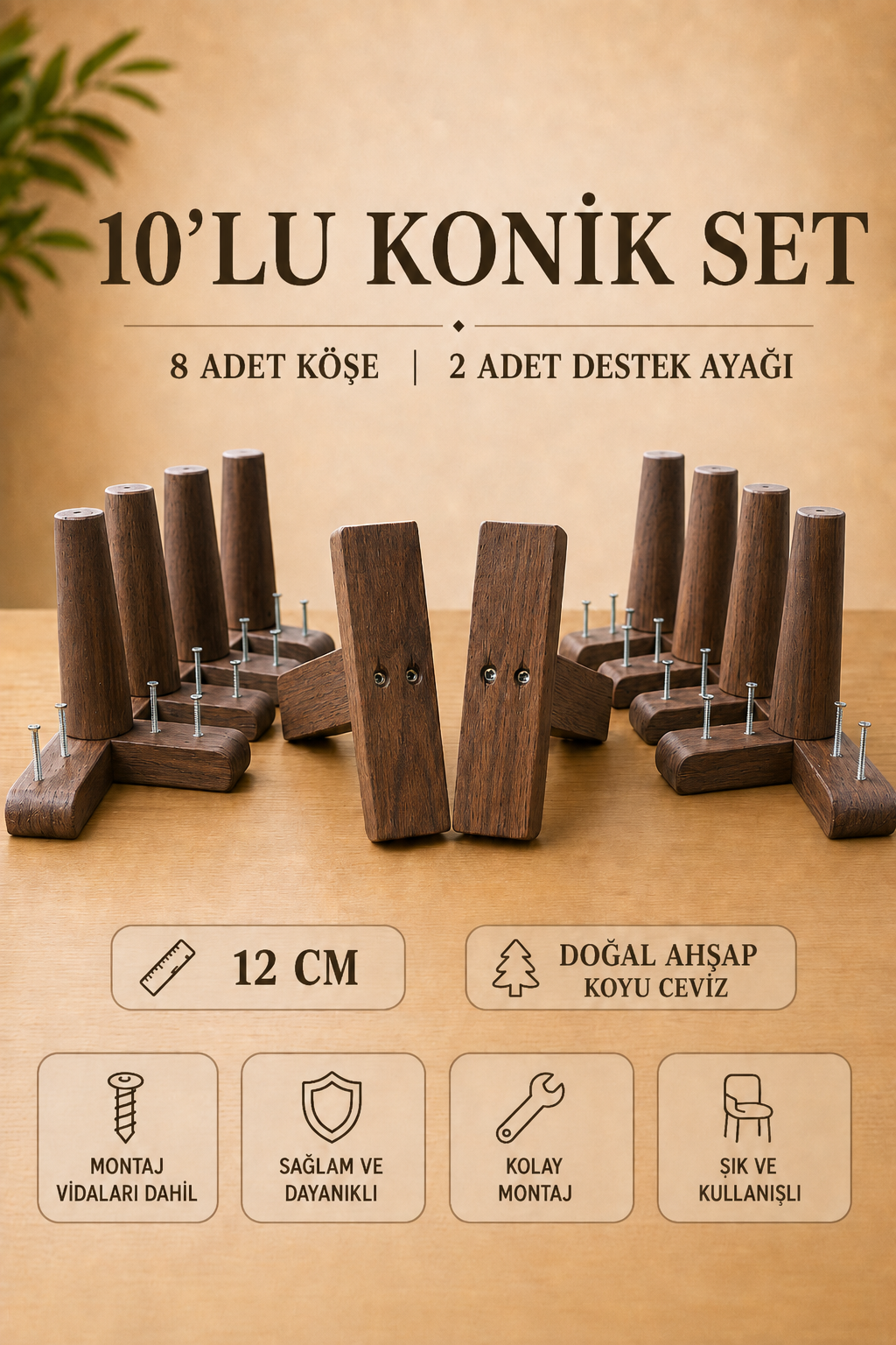 12 Cm Koyu Ceviz Konik Ahşap Mobilya Ayakları 10'lu Set Köşe Ayak ve Destek Ayağı Robot Süpürge Uyumlu