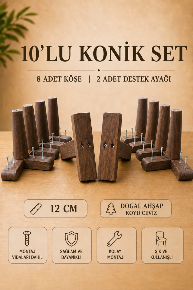 12 Cm Koyu Ceviz Konik Ahşap Mobilya Ayakları 10'lu Set Köşe Ayak ve Destek Ayağı Robot Süpürge Uyumlu