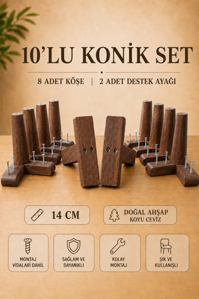 14 Cm Koyu Ceviz Konik Ahşap Mobilya Ayakları 10'lu Set Köşe Ayak ve Destek Ayağı Robot Süpürge Uyumlu