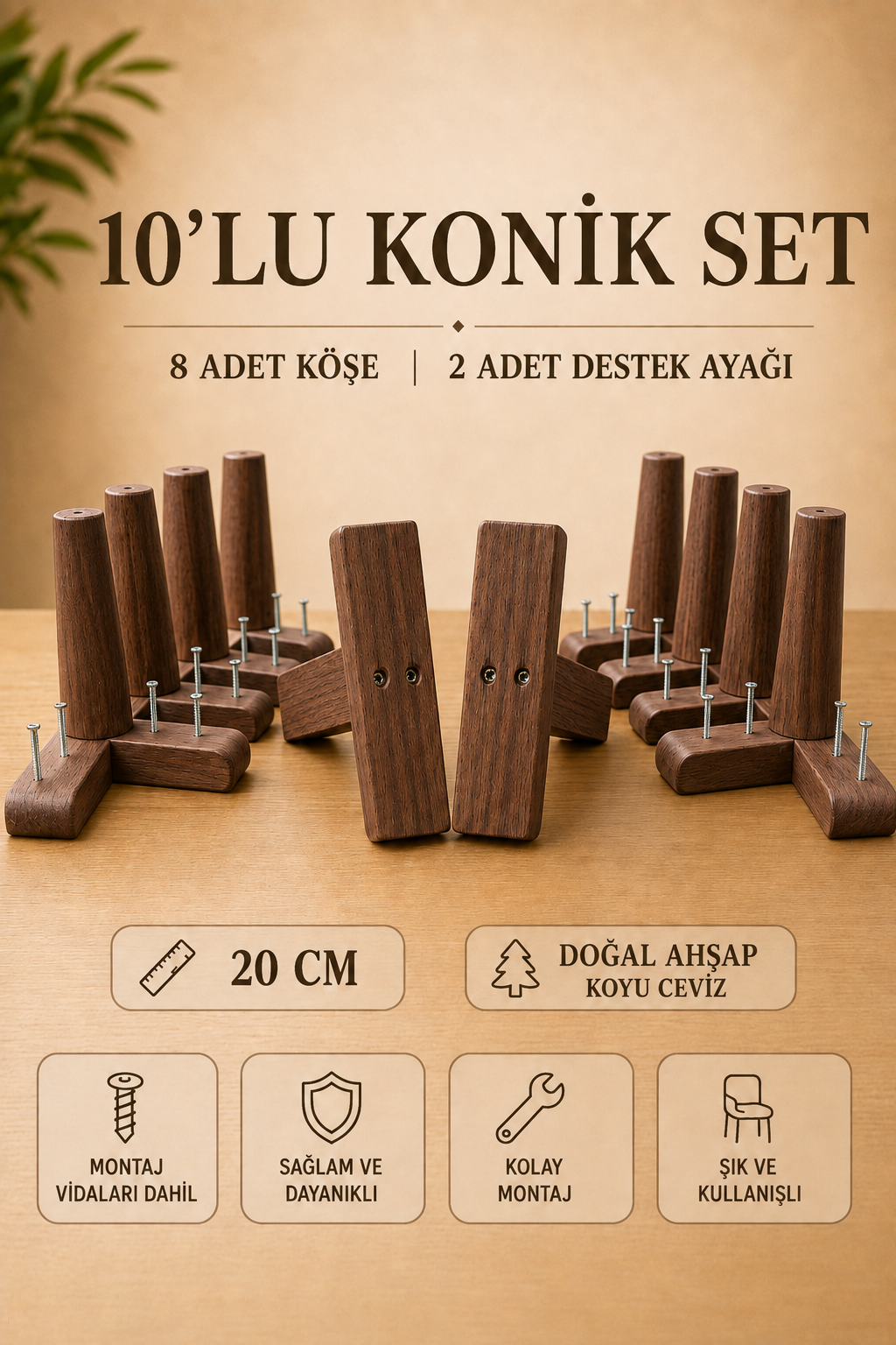 20 Cm Koyu Ceviz Konik Ahşap Mobilya Ayakları 10'lu Set Köşe Ayak ve Destek Ayağı Robot Süpürge Uyumlu