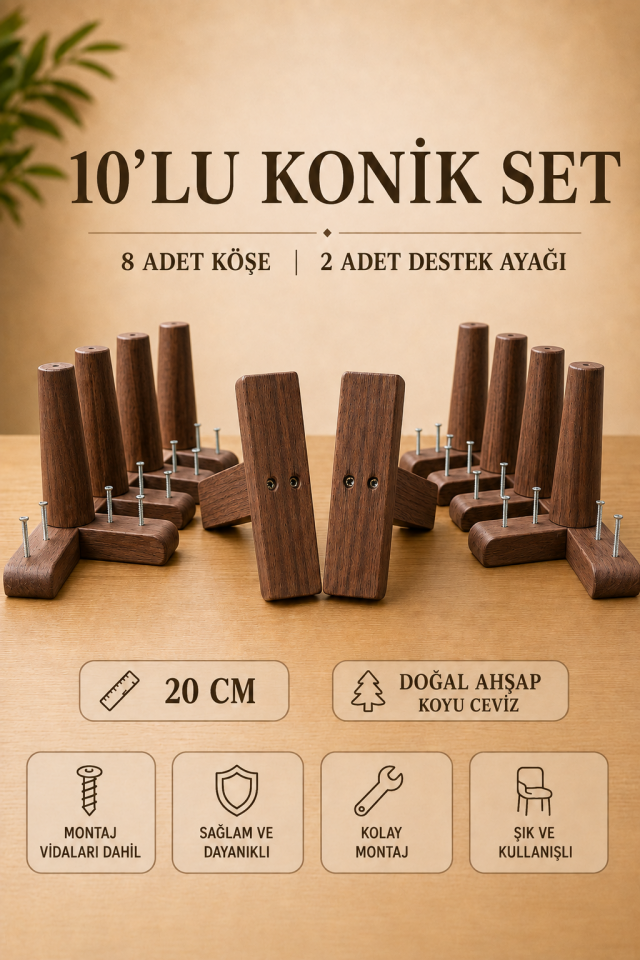 20 Cm Koyu Ceviz Konik Ahşap Mobilya Ayakları 10'lu Set Köşe Ayak ve Destek Ayağı Robot Süpürge Uyumlu