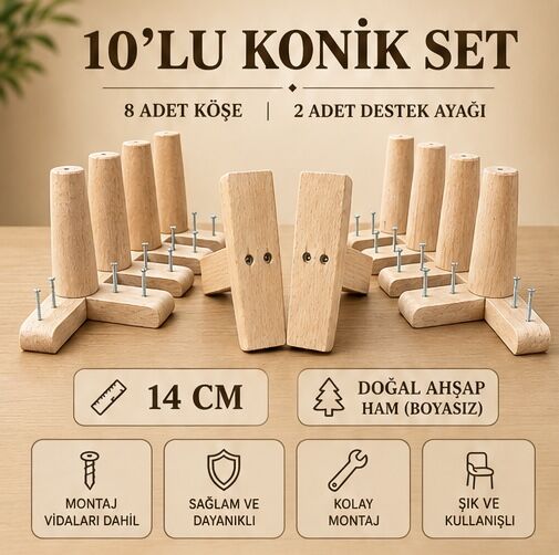 14 Cm Ham Konik Ahşap Mobilya Ayakları 10'lu Set Köşe ve Destek Ayağı Robot Süpürge Uyumlu