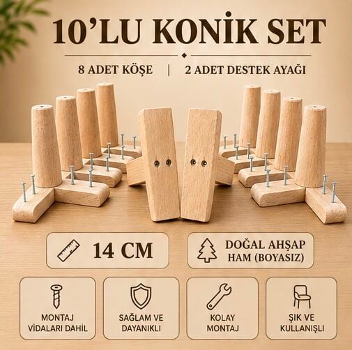 14 Cm Ham Konik Ahşap Mobilya Ayakları 10'lu Set Köşe ve Destek Ayağı Robot Süpürge Uyumlu
