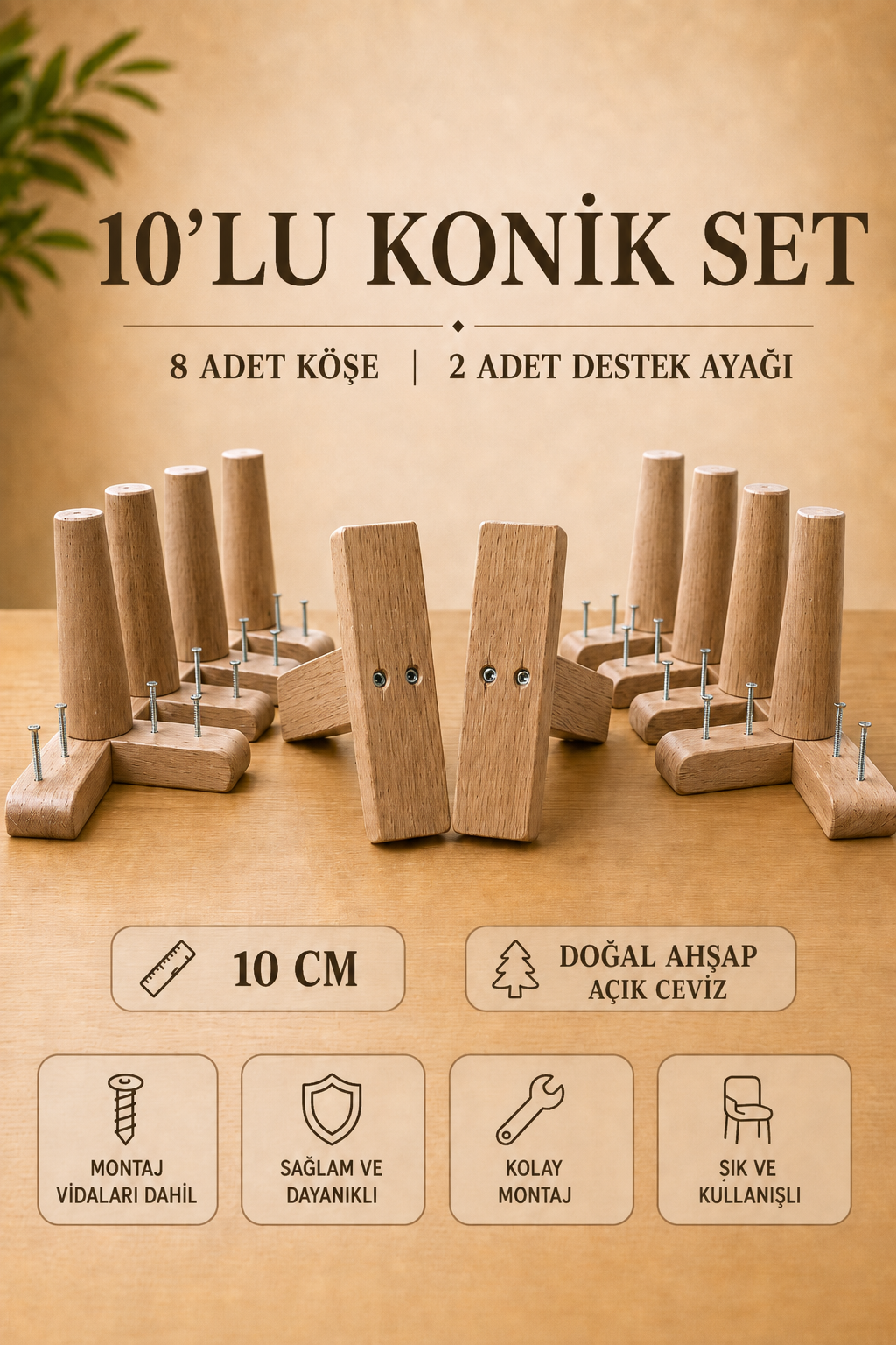 10 Cm Açık Ceviz Konik Ahşap Mobilya Ayakları 10'lu Set Köşe ve Destek Ayağı Robot Süpürge Uyumlu